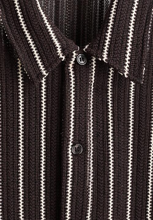 H&M - Regular fit textured-knit shirt - dark brown/striped