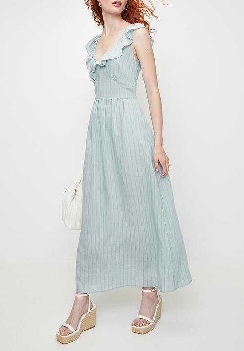 Brave Soul - Ladies V Neck Frill Sleeveless Stripe maxi Dress - Light Blue Stripe