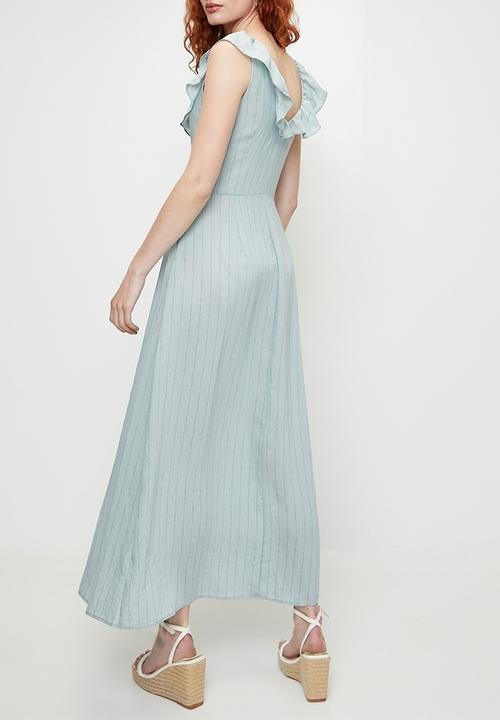 Brave Soul - Ladies V Neck Frill Sleeveless Stripe maxi Dress - Light Blue Stripe