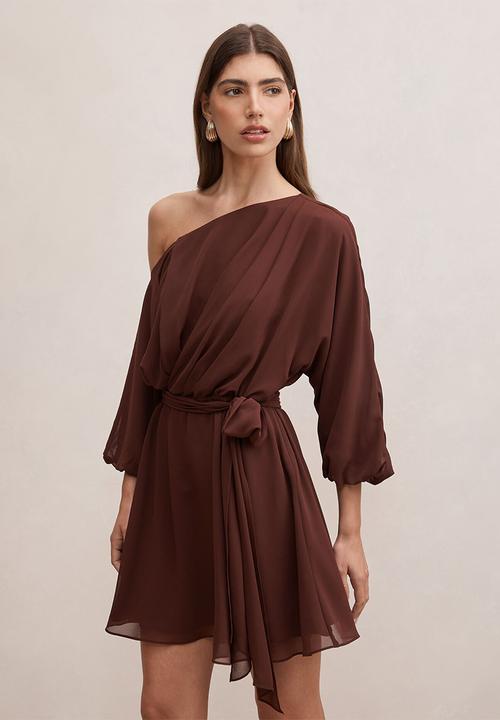 Forever New - Samantha tipped draped mini dress in dark chocolate truffle