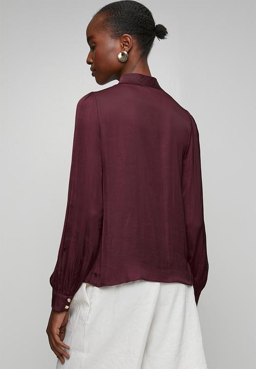 New Look - Judy Satin Btn High Neck Blouse - Burgundy