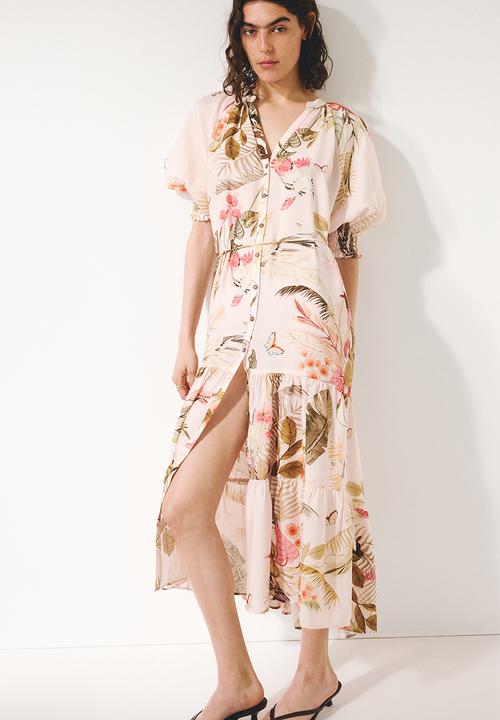 H&M - Tie-belt midi dress - light pink/floral
