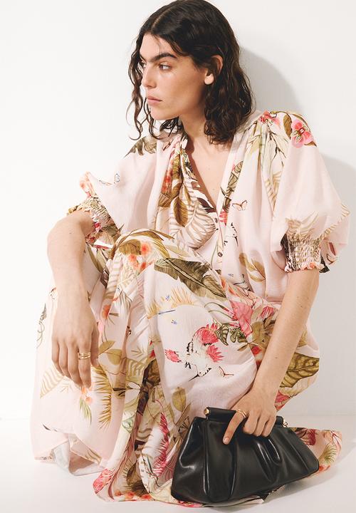 H&M - Tie-belt midi dress - light pink/floral