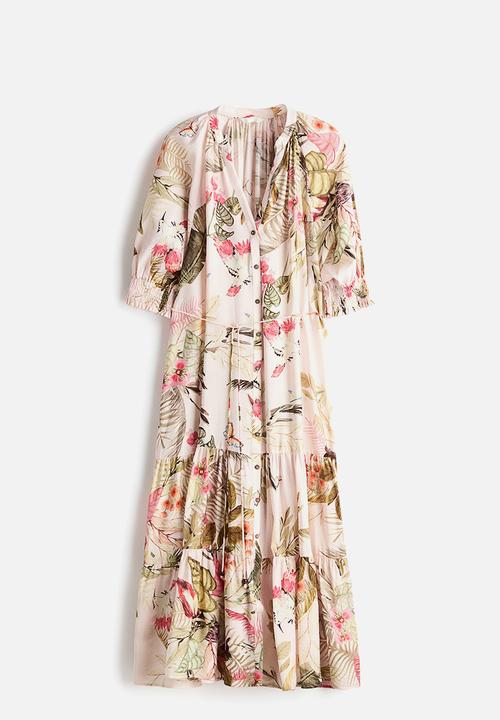 H&M - Tie-belt midi dress - light pink/floral
