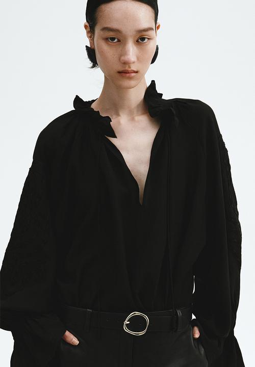 H&M - Embroidered linen-blend blouse - black