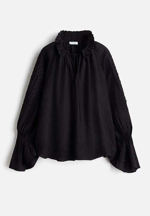 H&M - Embroidered linen-blend blouse - black