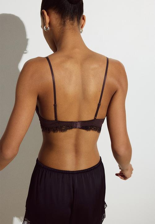 H&M - Padded soft microfibre and lace bra - dark brown/black