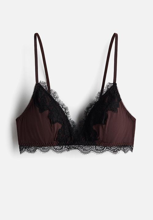 H&M - Padded soft microfibre and lace bra - dark brown/black