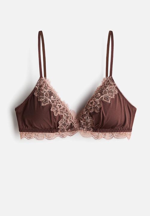 H&M - Padded soft microfibre and lace bra - dark brown/dusty pink
