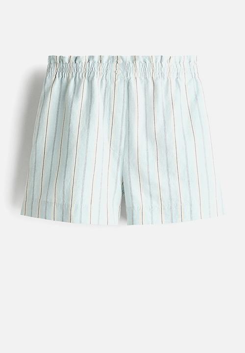 H&M - Linen-blend paper bag shorts - light blue/striped