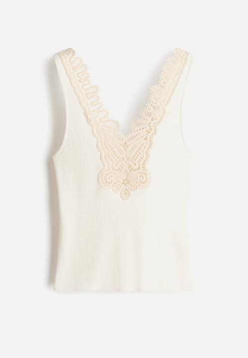 H&M - Lace-trimmed fine-knit top - white/cream