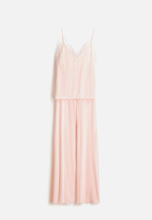 H&M - Lace-trimmed jersey pyjamas - light peach pink