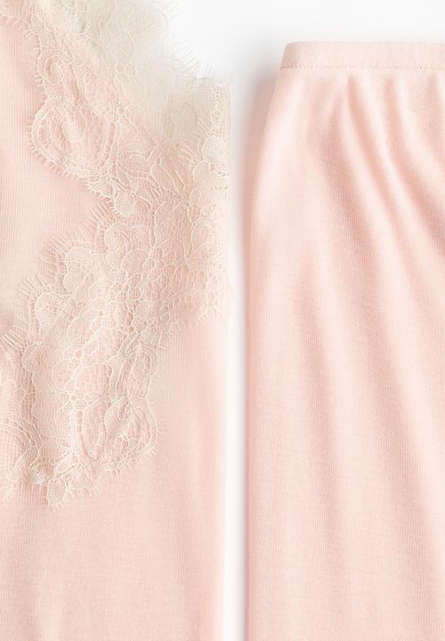 H&M - Lace-trimmed jersey pyjamas - light peach pink