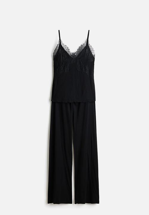 H&M - Lace-trimmed jersey pyjamas - black