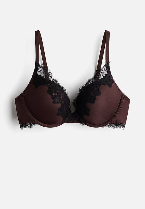 H&M - Microfibre and lace push-up bra - dark brown/black