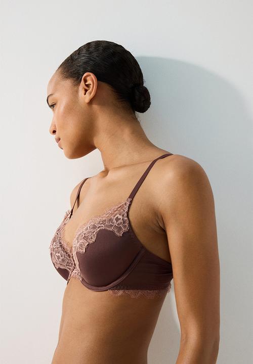 H&M - Microfibre and lace push-up bra - dark brown/dusty pink