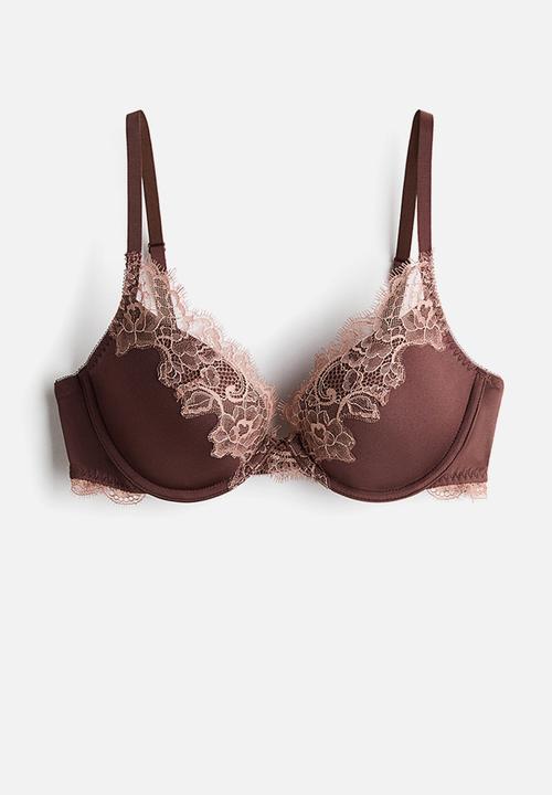 H&M - Microfibre and lace push-up bra - dark brown/dusty pink