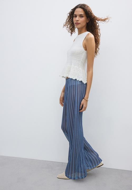 H&M - Wide hole-knit trousers - light blue/striped