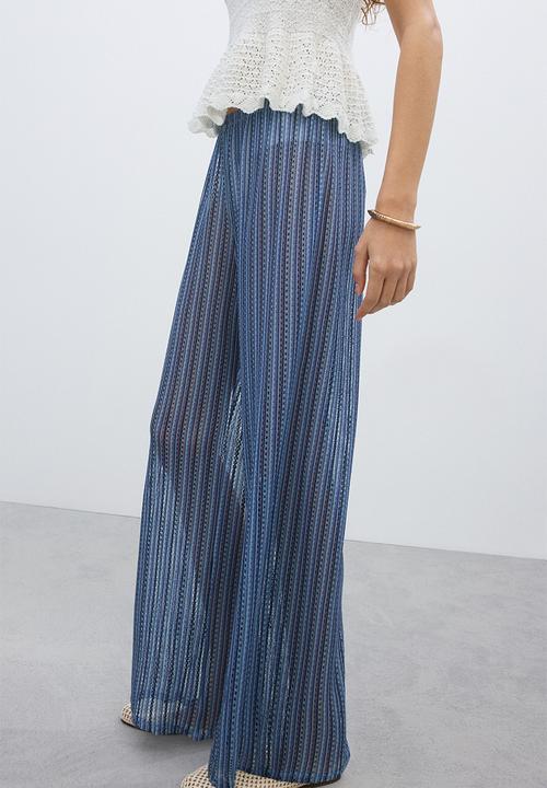 H&M - Wide hole-knit trousers - light blue/striped