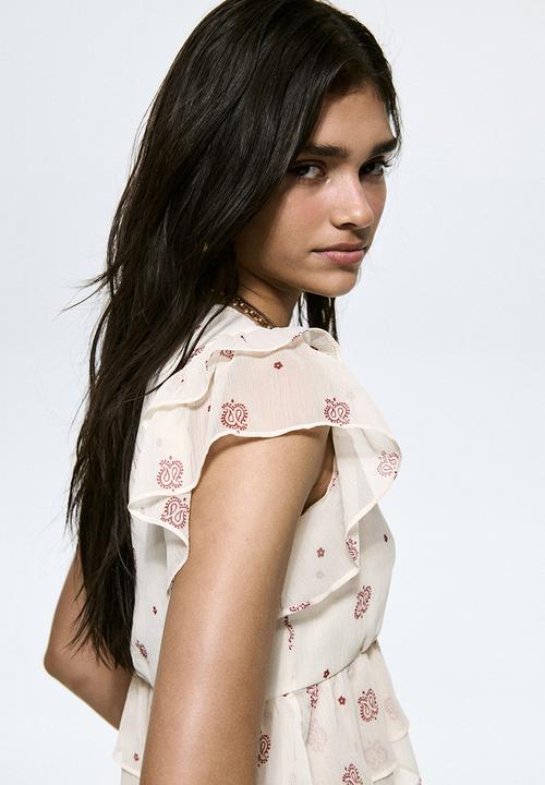 H&M - Frill-trimmed chiffon top - cream/paisley pattern