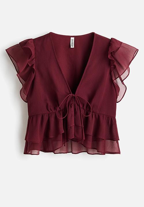 H&M - Frill-trimmed chiffon top - burgundy