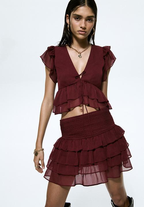 H&M - Frill-trimmed chiffon top - burgundy