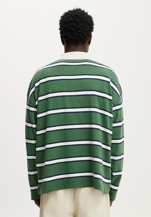 Cotton On - Box Fit Rugby Polo - Green Bold Stripe