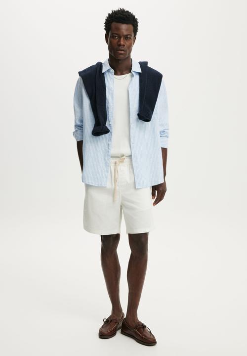 Cotton On - Relaxed Linen Long Sleeve Shirt - Sky Blue Stripe