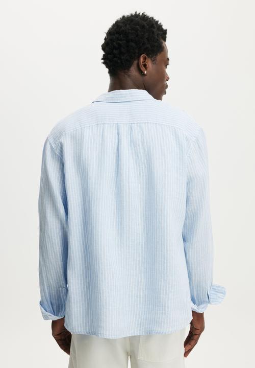 Cotton On - Relaxed Linen Long Sleeve Shirt - Sky Blue Stripe