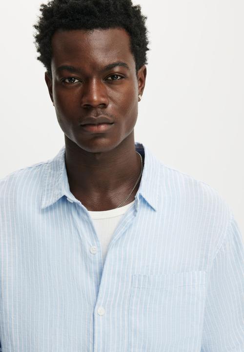 Cotton On - Relaxed Linen Long Sleeve Shirt - Sky Blue Stripe
