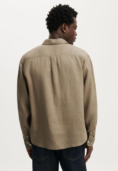 Cotton On - Relaxed Linen Long Sleeve Shirt - Worn Olive