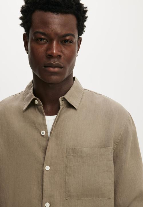 Cotton On - Relaxed Linen Long Sleeve Shirt - Worn Olive