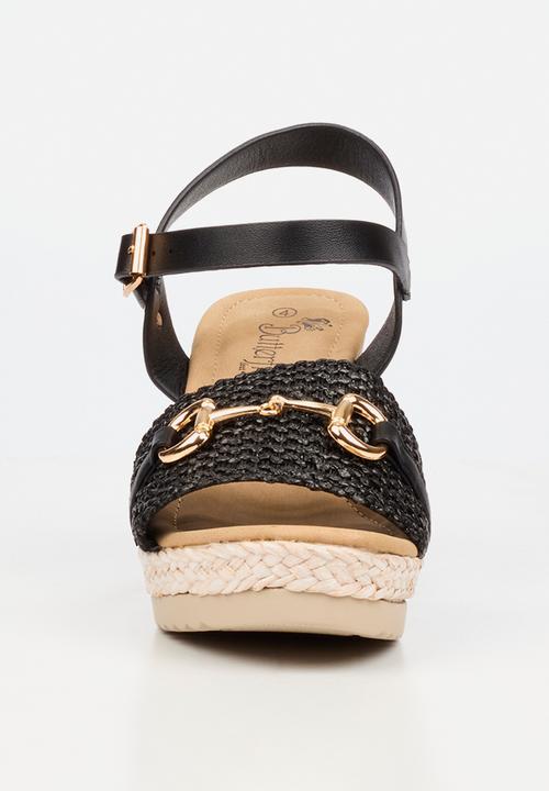 Butterfly Feet - Avery 7 raffia wedge heel - black