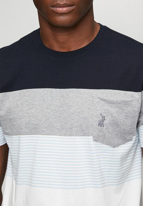 POLO - MENS CREW NECK STRIPE POCKET TEE - Blue