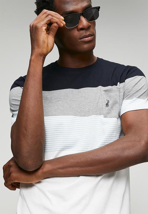 POLO - MENS CREW NECK STRIPE POCKET TEE - Blue