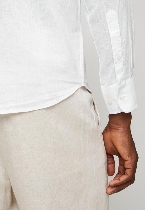 POLO - Mens long sleeve  plain linen blend shirt - white