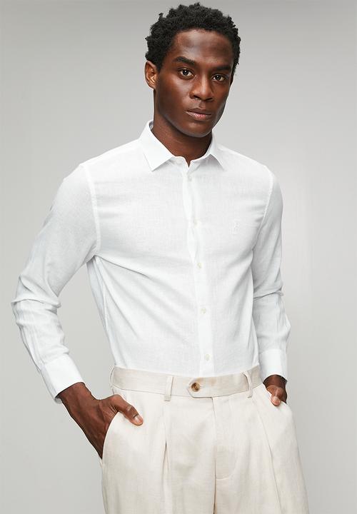 POLO - Mens long sleeve  plain linen blend shirt - white