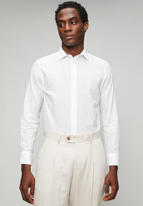 POLO - Mens long sleeve  plain linen blend shirt - white