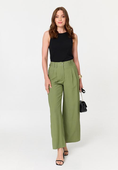 Izabel London - High Waist Straight Leg Trouser - Khaki