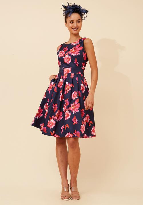 Stella Morgan - S/Less Crew Neck Fit And Flare Midi Dress Printed With Waist Tie Belt - Navy