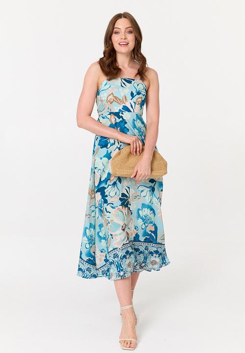 Stella Morgan - Sleeveless Strappy Boobtube Printed Floral A-Line Maxi Dress - Blue