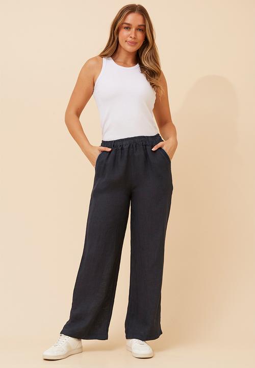 Stella Morgan - Made In Italy Elasticated Pull On Wide Leg 100% Linen Pant - Navy