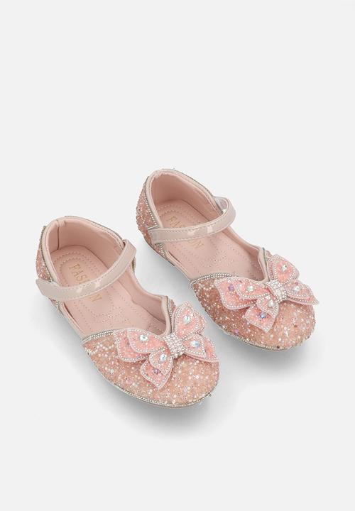Pop Candy - Rhinestone princess flats with butterfly bow detail - pink