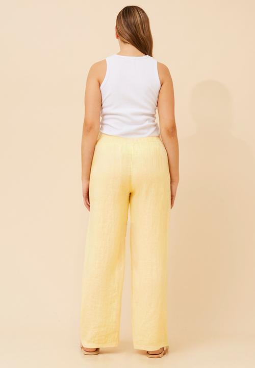 Stella Morgan - Made In Italy Pull On Wide Leg 100% Linen Pant With Floral Detail - Lemon