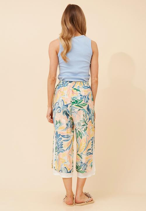 Izabel London - Drawcord Easy Wearing Pull On Printed Pant With Plain Lining Front - Multi Blue