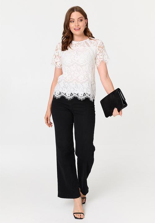 Stella Morgan - S/S Lace Top With Front Lining And Ladder Lace Detail On Raglan - White