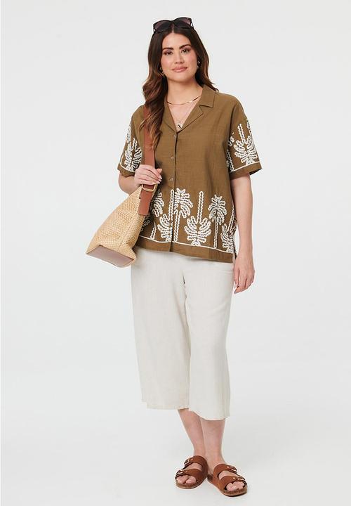 MANDI - S/S Easy Wearing Button Through Shorter Length Blouse With Embroidery Detail - Khaki