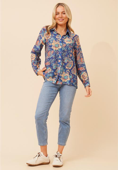 Stella Morgan - L/S Button Through Sheer Printed Blouse With Wood Buttons - Navy