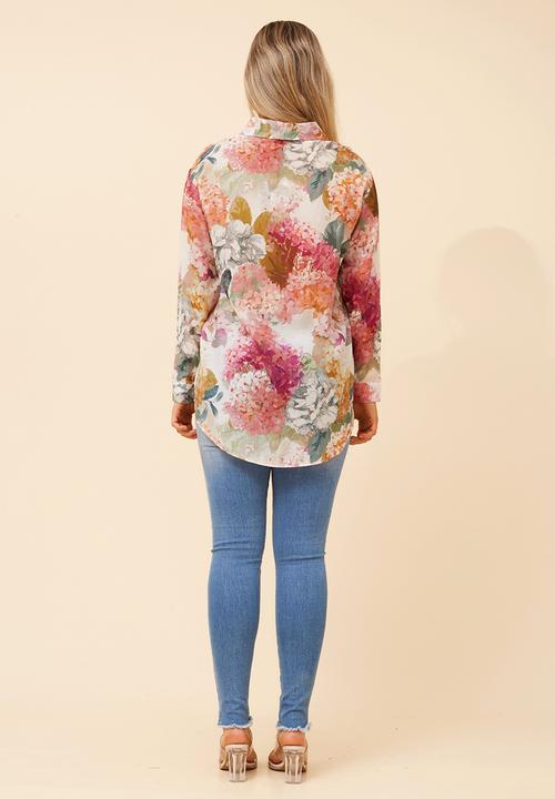 Stella Morgan - L/S Button Through Sheer Printed Blouse With Wood Buttons - Multi Pink
