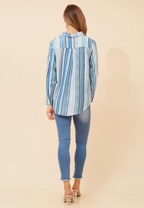 Izabel London - Long Sleeve Button Through Printed Stripe Shirt - Blue